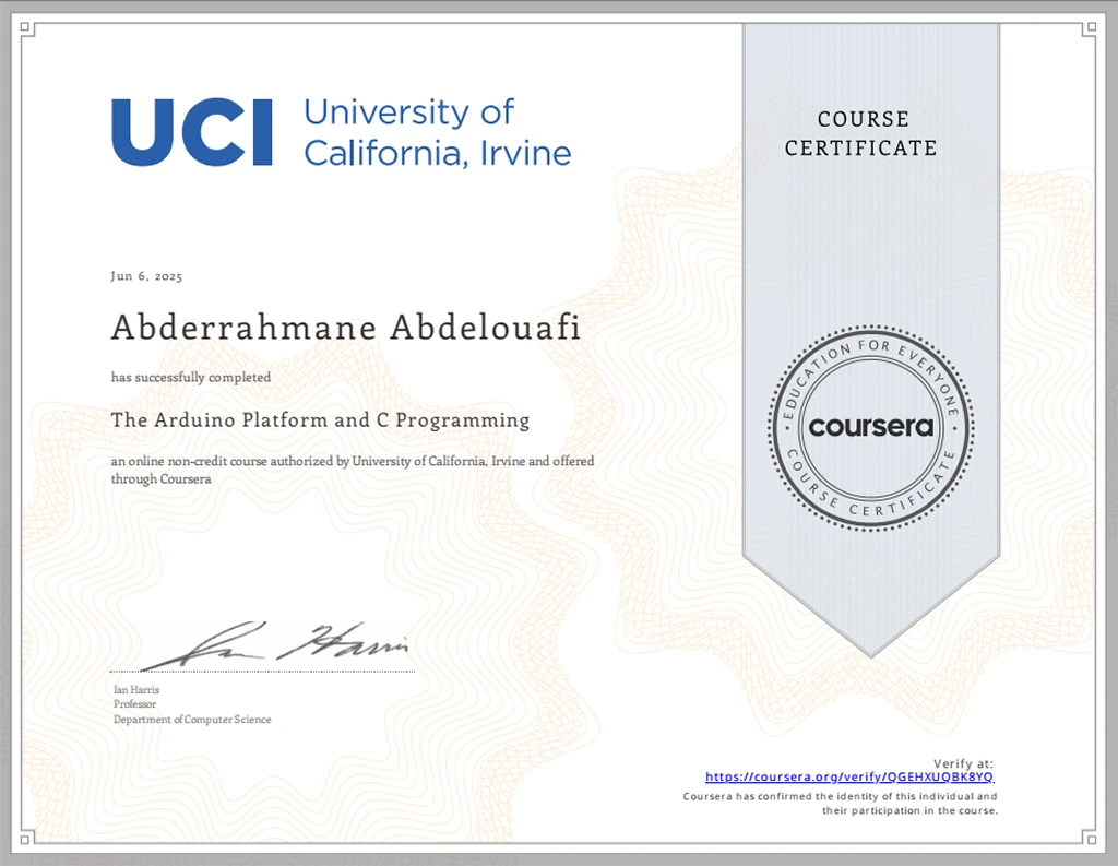 UCI “The Arduino Platform and C Programming” Certificate