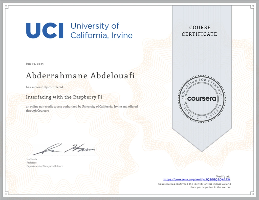 UCI “Interfacing with Raspberry Pi” Certificate
