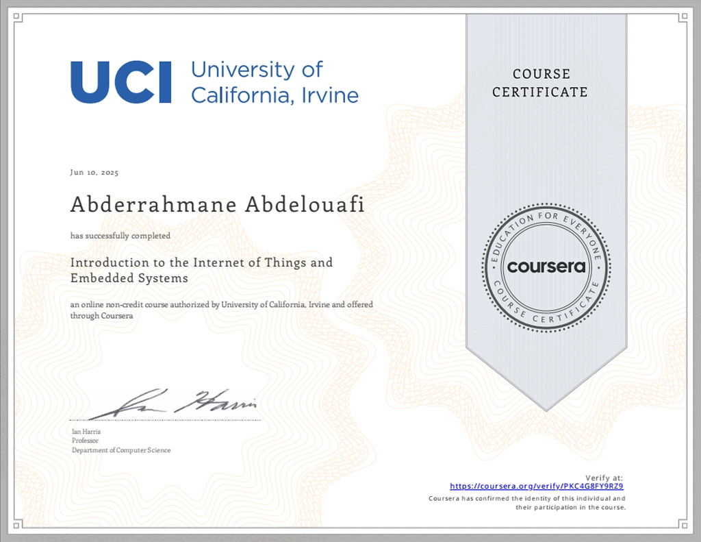 UCI “Introduction to IoT & Embedded Systems” Certificate