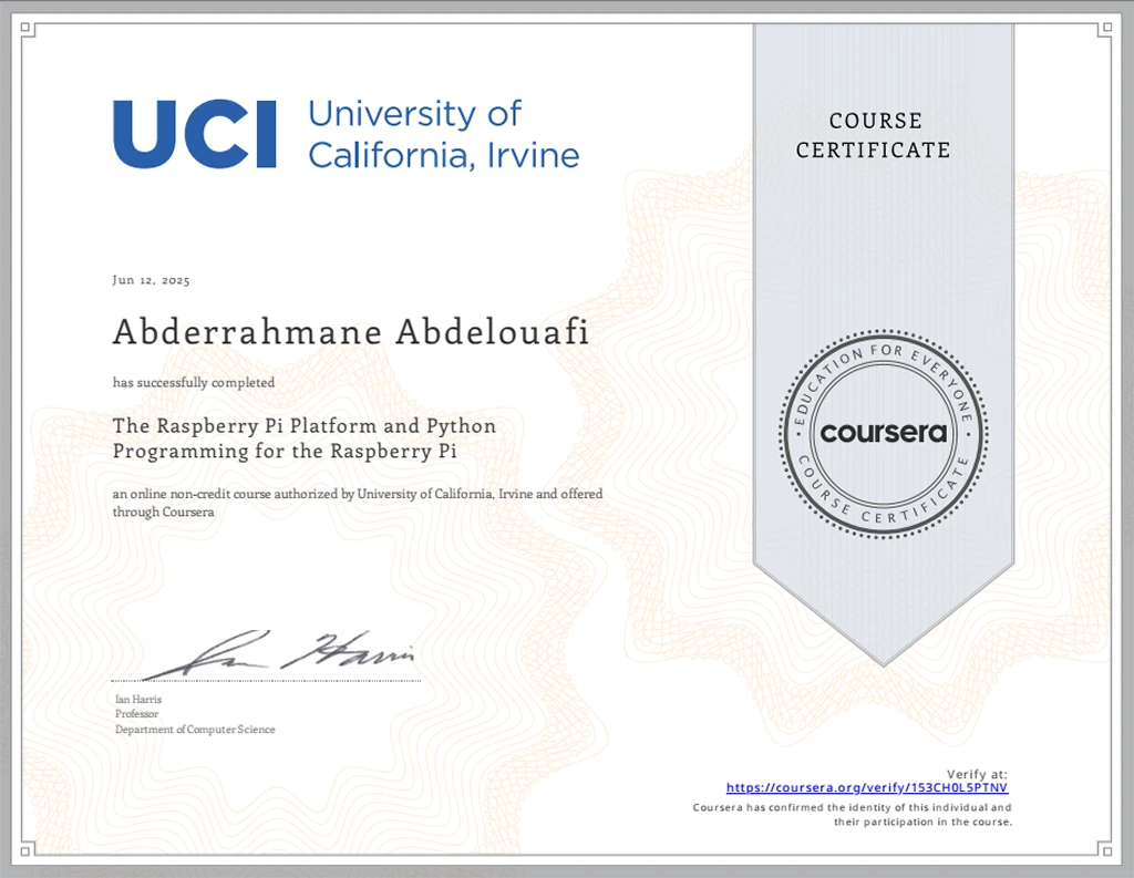 UCI “The Raspberry Pi Platform and Python Programming for the Raspberry Pi Certificate